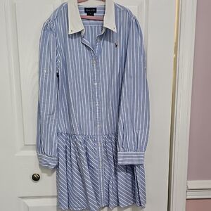 Blue and White Striped Shirt Dress